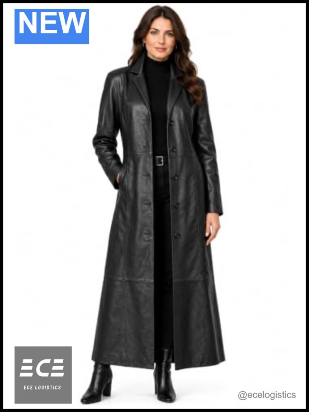Women's Lambskin Leather Long Trench Coat Slim Fit Notch Collar